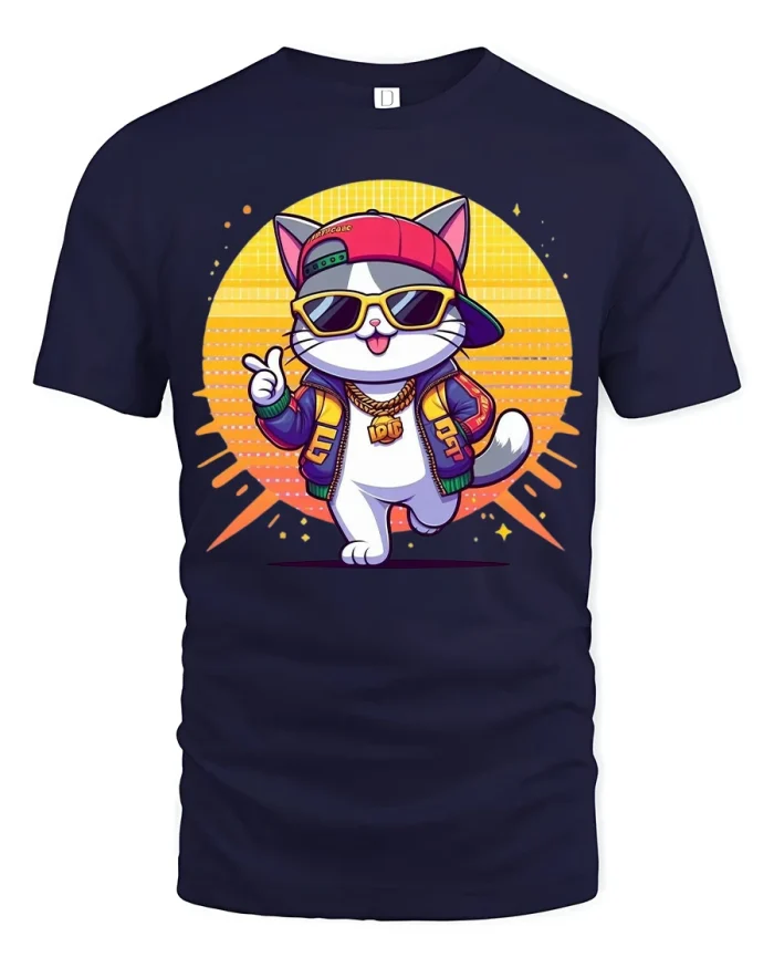 Cool Hip Hop Cat Cartoon Graphic T Shirt Street Style Fun Tee - navy t-shirt on white background
