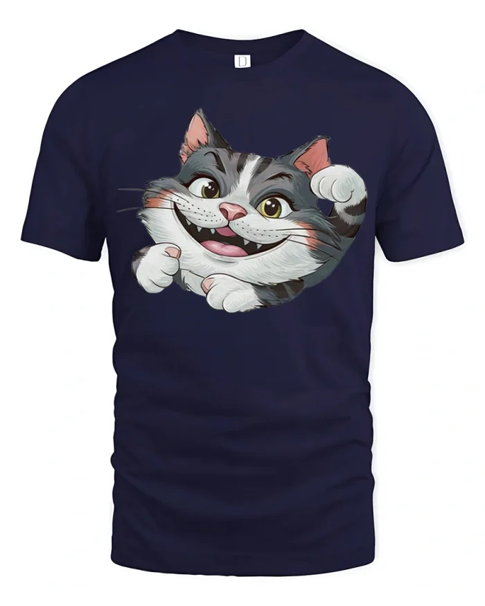 Cute Playful Cat Peek Graphic T Shirt Funny Kitty Cartoon Tee - navy t-shirt on white background