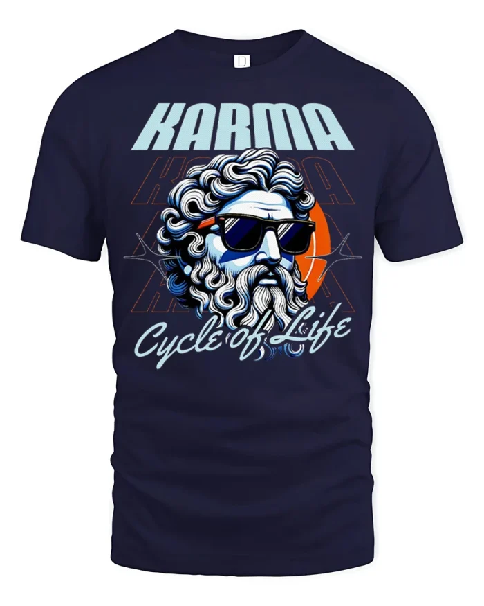 Karma Cycle Of Life T Shirt Retro Greek God Sunglasses Vibe - navy t-shirt on white background