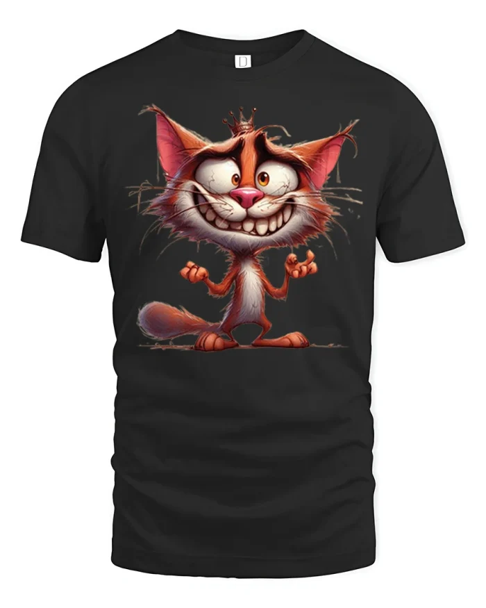 Funny Crazy Cartoon Cat Grin Graphic Cute Character T Shirt - black t-shirt on white background