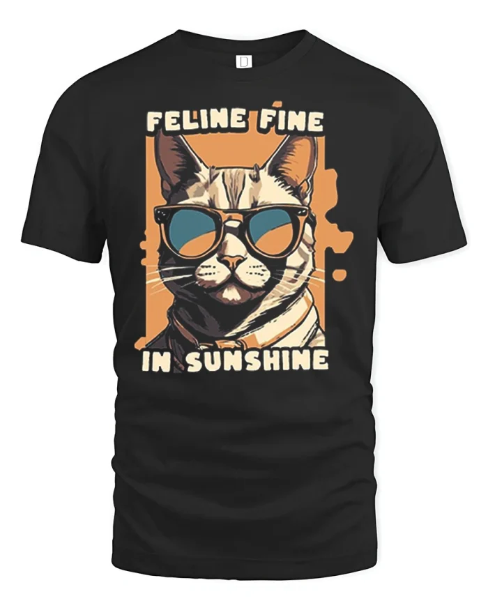 Feline Fine In Sunshine Cool Cat Sunglasses Graphic T Shirt - black t-shirt on white background