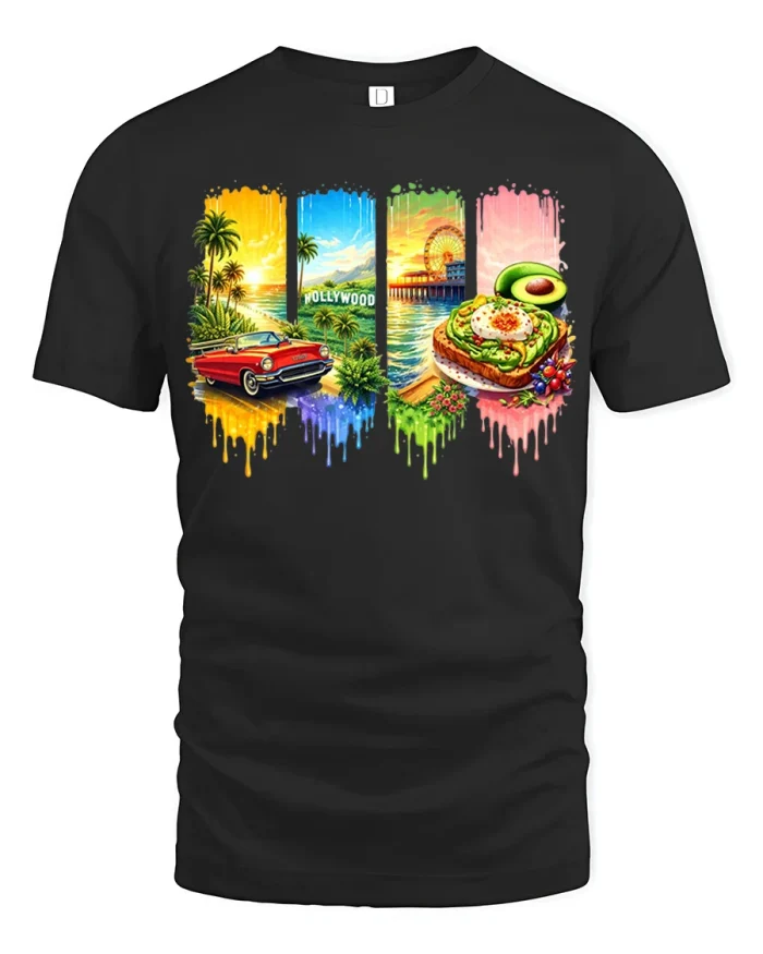 California Dream Vibes Sunset Beach Art Graphic T Shirt - black t-shirt on white background