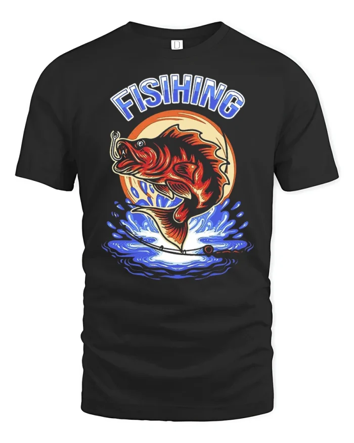 Fishing Big Catch Jumping Fish Angler Graphic T Shirt - black t-shirt on white background
