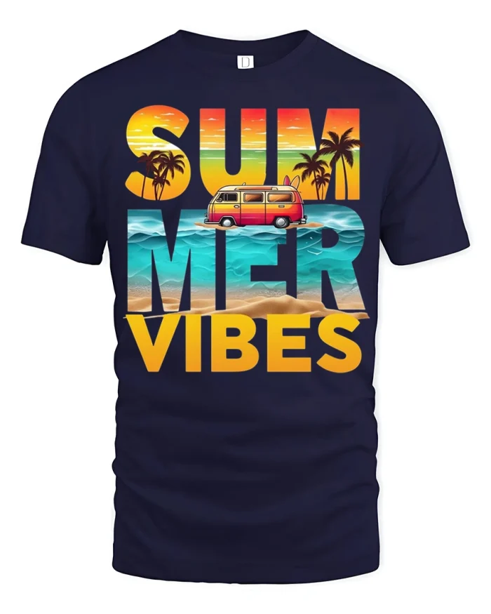 Summer Vibes Beach Van Sunset Retro Graphic T Shirt - navy t-shirt on white background