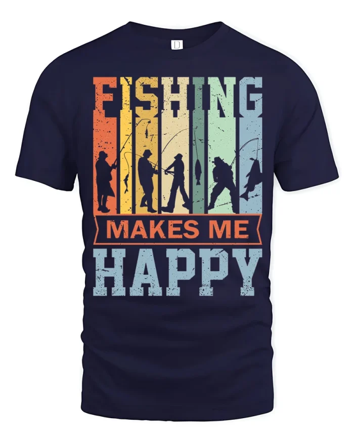 Fishing Makes Me Happy Vintage Angler Graphic T Shirt - navy t-shirt on white background