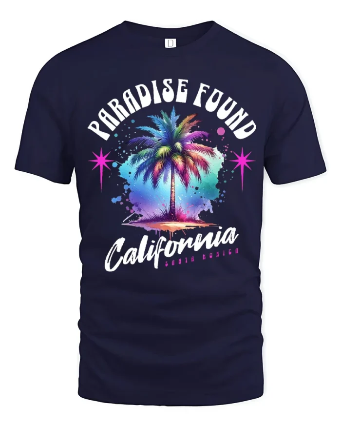 Paradise Found California Palm Tree Retro Graphic T Shirt - navy t-shirt on white background