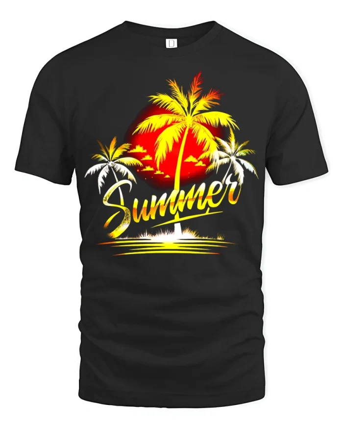 Summer Sunset Palm Tree Tropical Beach Graphic T Shirt - black t-shirt on white background