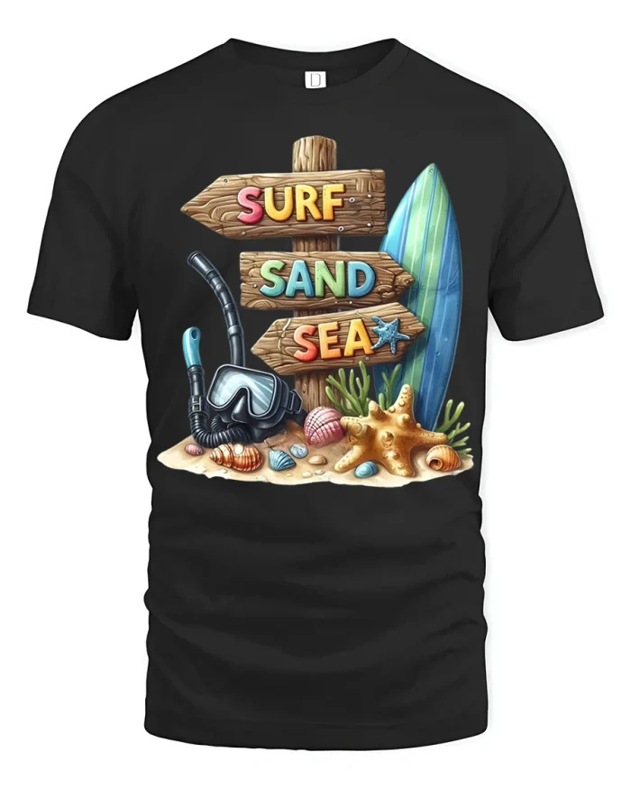 Surf Sand Sea Beach Vibes Graphic T Shirt Summer Style - black t-shirt on white background