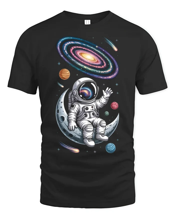 Astronaut Sitting On Moon Galaxy Space Graphic T Shirt - black t-shirt on white background