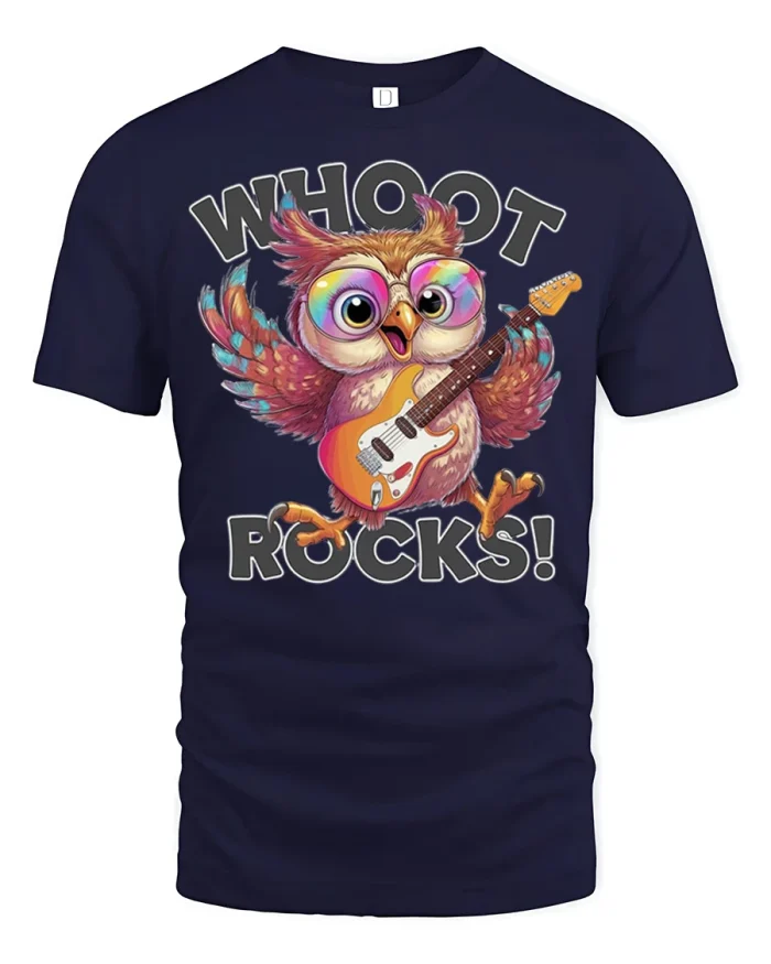 Whoot Rocks Owl Guitar Funny Music Graphic T Shirt - navy t-shirt on white background