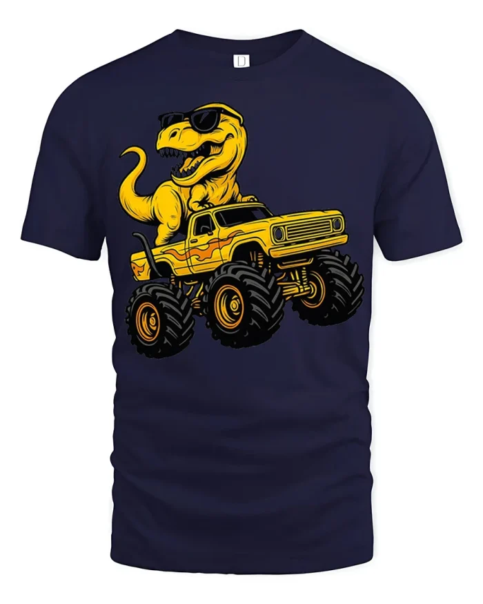Cool Dinosaur Monster Truck Funny Graphic T Shirt - navy t-shirt on white background