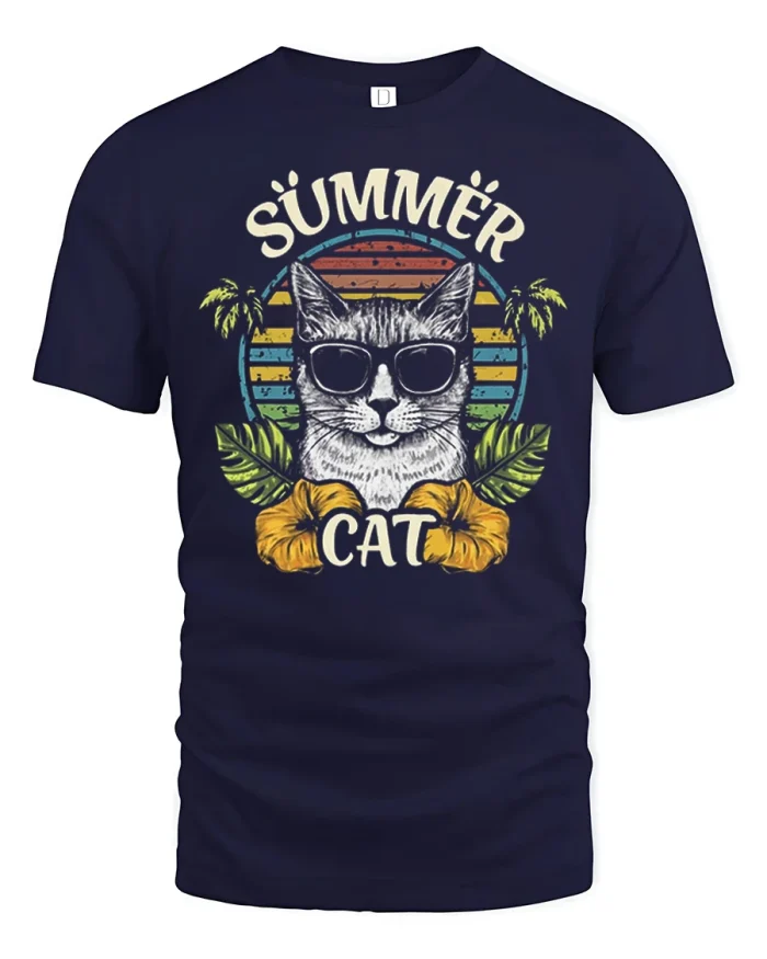 Summer Cat Sunglasses Retro Sunset Graphic T Shirt - navy t-shirt on white background