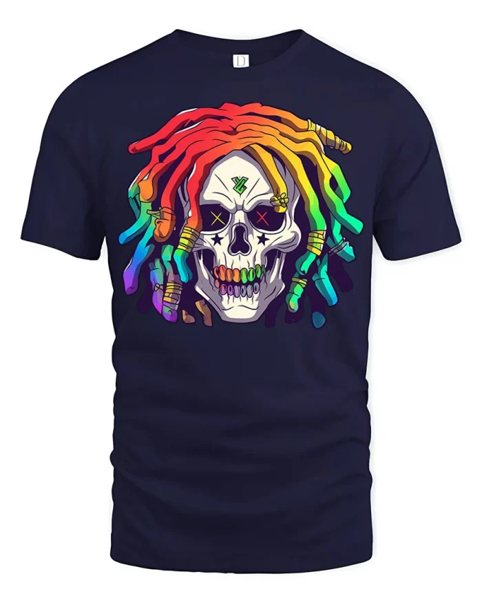 Colorful Skull Dreadlocks Street Art Graphic T Shirt - navy t-shirt on white background