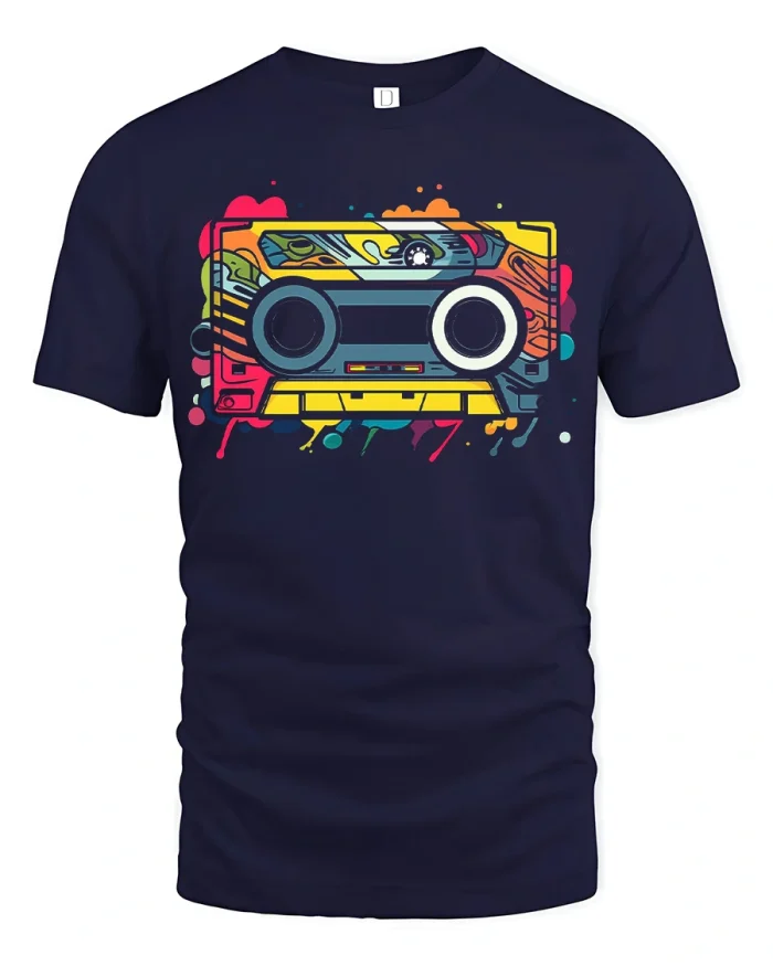 Retro Cassette Tape Colorful Music Graphic T Shirt - navy t-shirt on white background