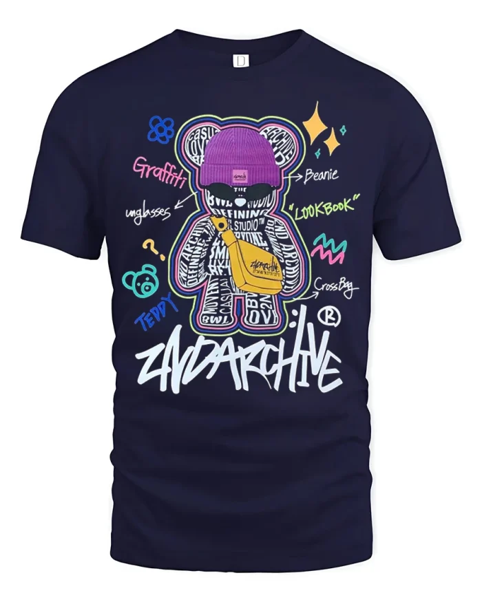 Urban Graffiti Teddy Streetwear Style Graphic T Shirt - navy t-shirt on white background