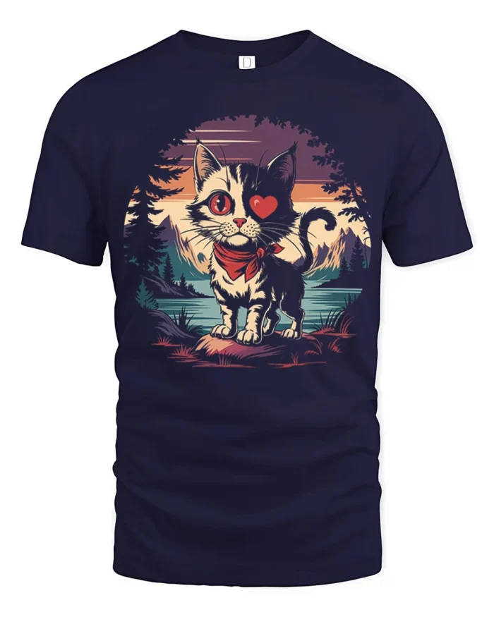 Cute Cat Heart Eye Mountain Sunset Graphic T Shirt - navy t-shirt on white background