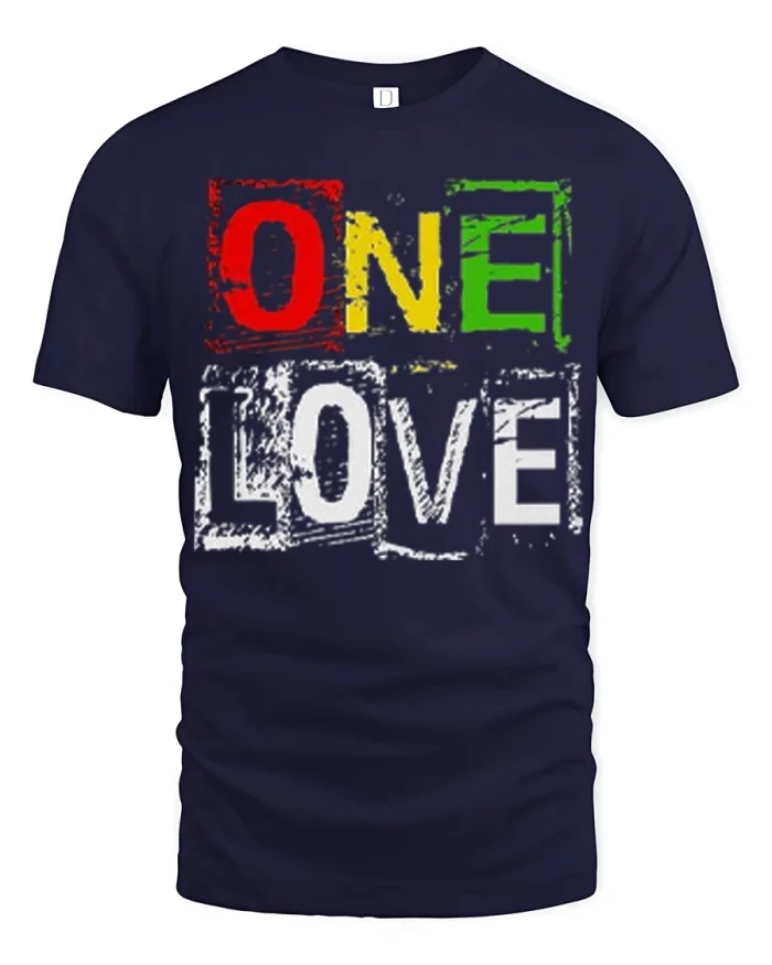 One Love Reggae Style Graphic T Shirt Bold Color Print - navy t-shirt on white background
