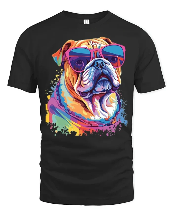 Cool Bulldog Sunglasses Color Splash Funny Graphic T Shirt - black t-shirt on white background