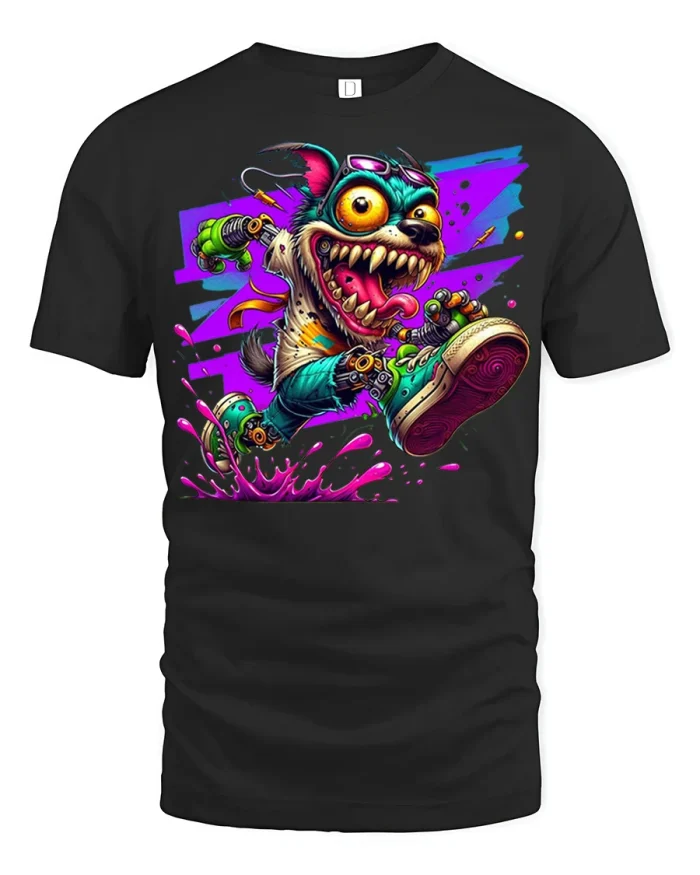 Crazy Cartoon Monster Dog Funny Streetwear Graphic T Shirt - black t-shirt on white background