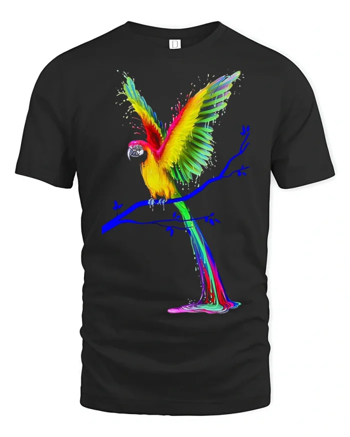 Colorful Flying Parrot Paint Splash Tropical Graphic T Shirt - black t-shirt on white background