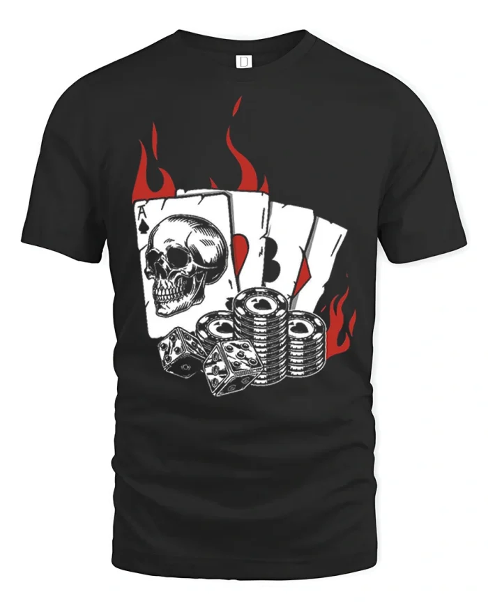 Skull Poker Cards Casino Dice Lucky Gambler Graphic T Shirt - black t-shirt on white background