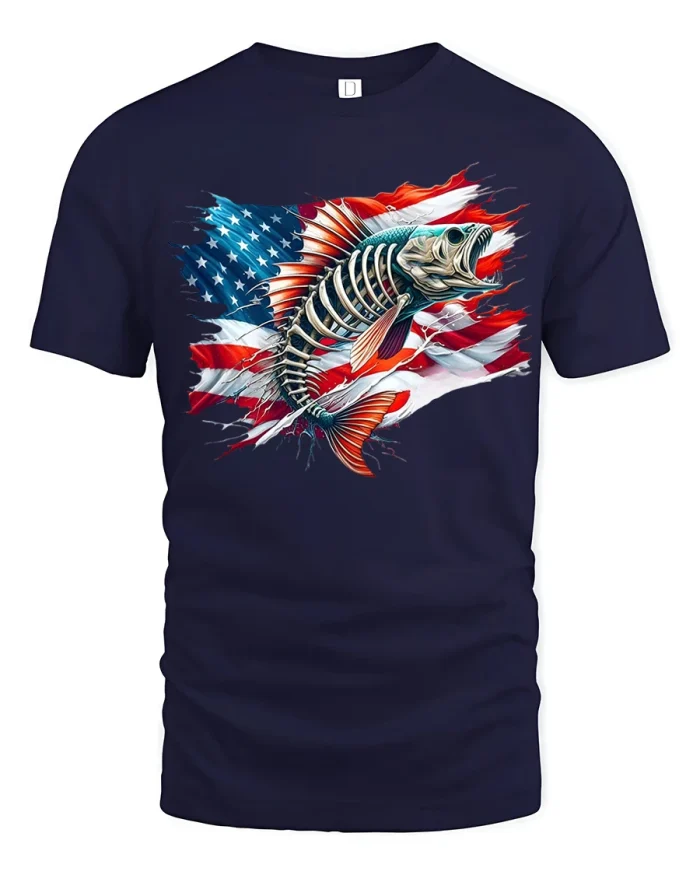 American Flag Skeleton Fish Graphic Patriotic Fishing T Shirt - navy t-shirt on white background