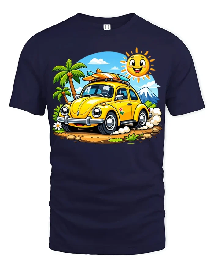 Cute Surf Beetle Car Adventure Cartoon Summer Travel T Shirt - navy t-shirt on white background
