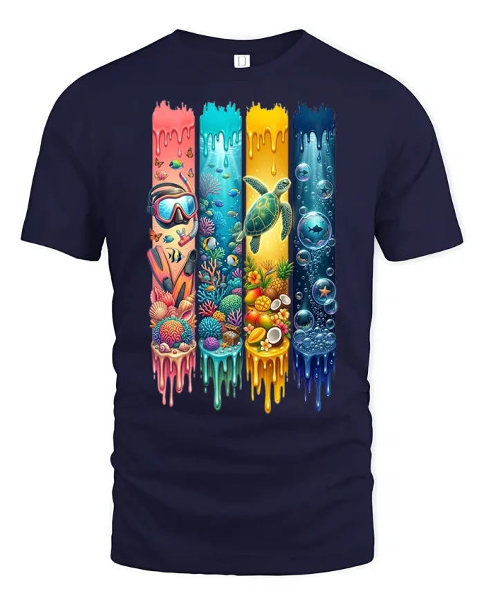 Colorful Ocean Adventure Dive Turtle Paradise Graphic T Shirt - navy t-shirt on white background