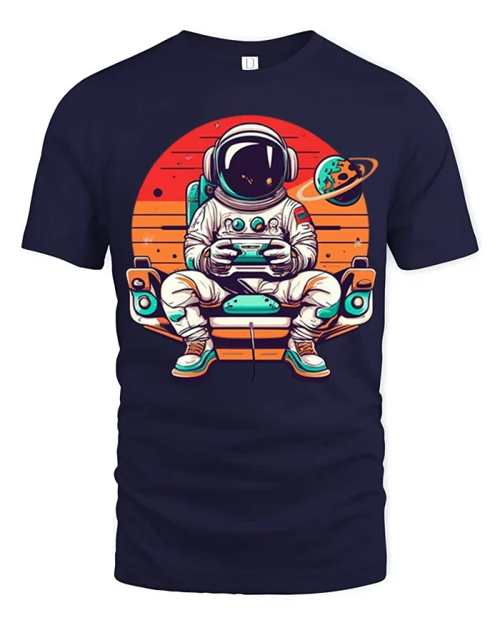Retro Gamer Astronaut Space Adventure Graphic T Shirt Fun Style - navy t-shirt on white background