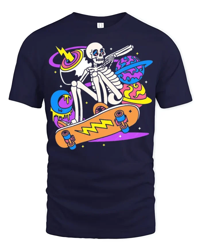 Cosmic Skeleton Skateboard Retro Space Graphic T Shirt Style - navy t-shirt on white background