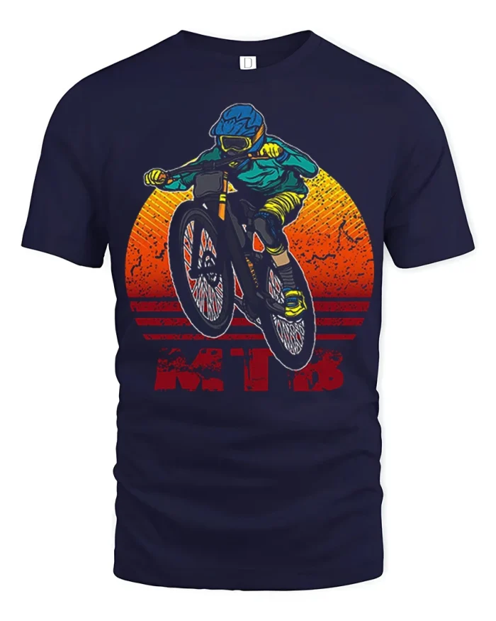 Retro MTB Rider Mountain Bike Adventure Graphic T Shirt Style - navy t-shirt on white background