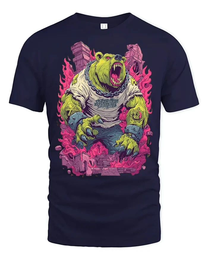 Savage Street Bear Monster Graphic T Shirt Bold Urban Style - navy t-shirt on white background