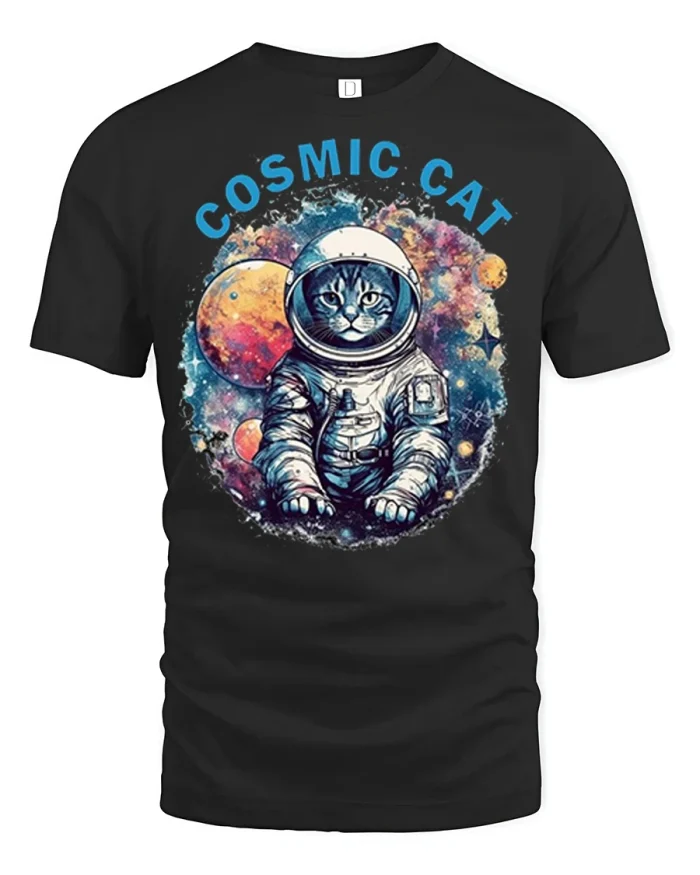 Cosmic Cat Astronaut Graphic Tee Funny Space Galaxy Kitty Tshirt - black t-shirt on white background