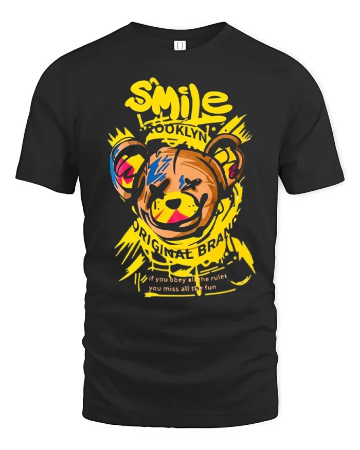 Smile Brooklyn Bear Graffiti Graphic T Shirt Urban Streetwear Style - black t-shirt on white background