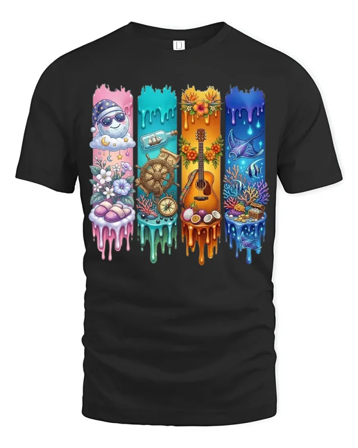 Tropical Ocean Guitar Dream Graphic Tee Colorful Vacation Tshirt - black t-shirt on white background