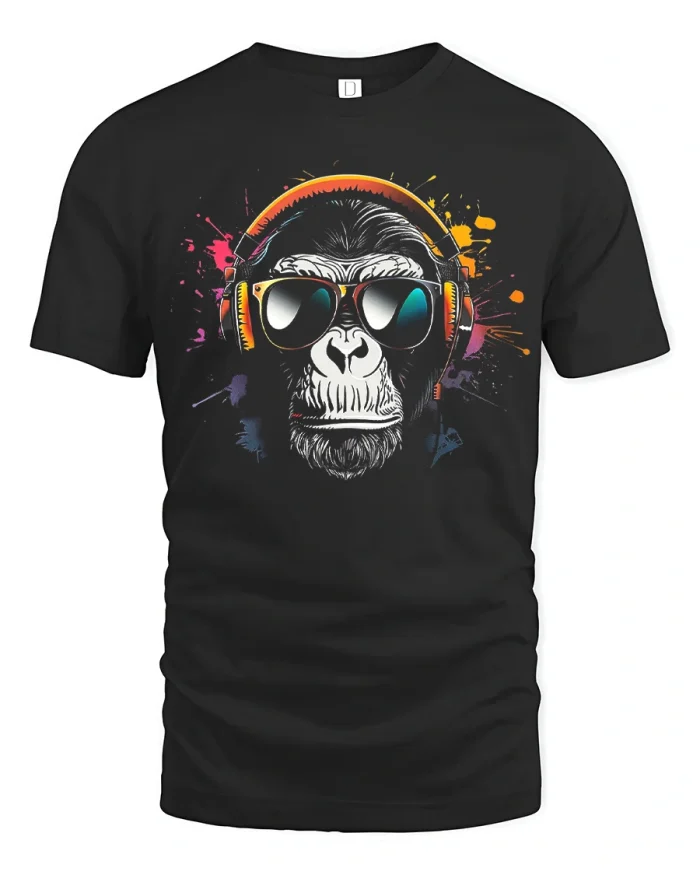 Cool Monkey Headphones Sunglasses Graphic Music Lover T Shirt Style - black t-shirt on white background