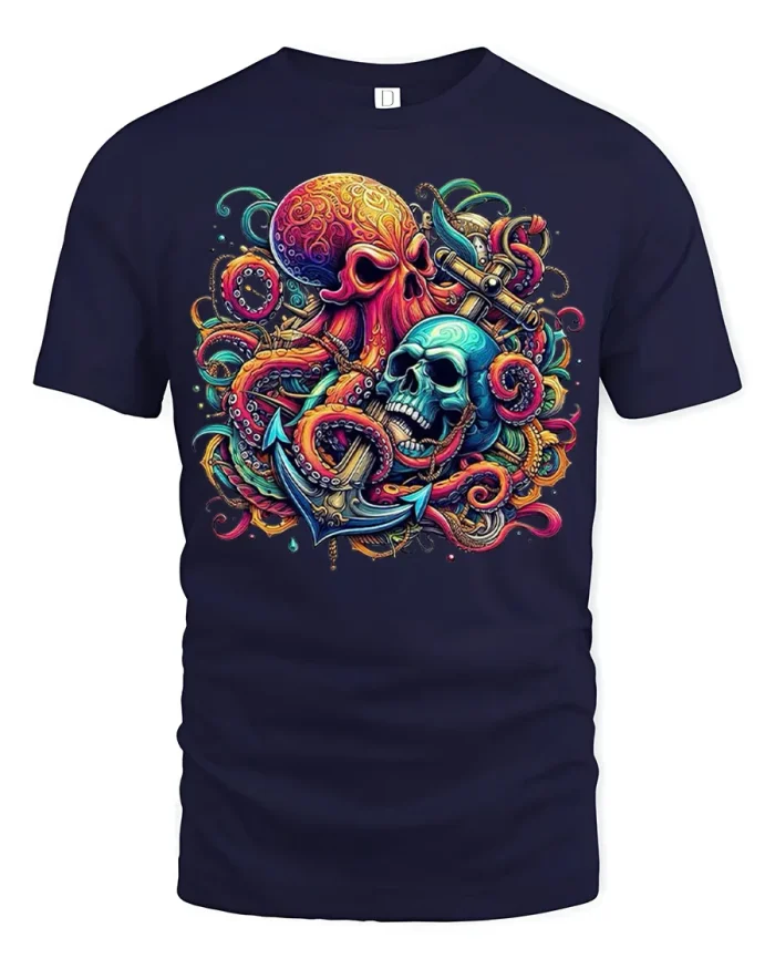 Colorful Pirate Octopus Skull Graphic Tee Ocean Monster T Shirt - navy t-shirt on white background