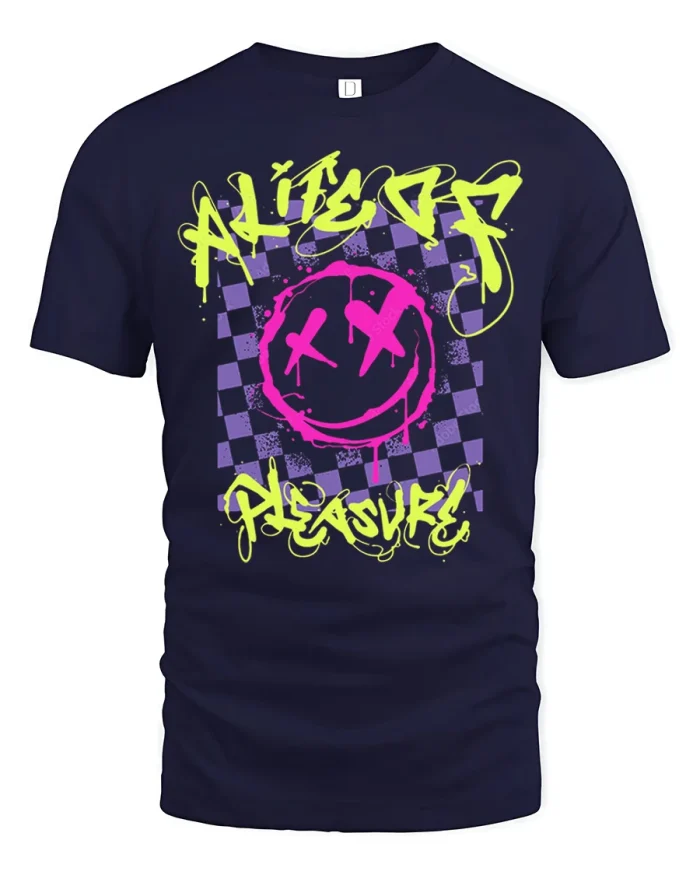Altered Reality Graffiti Smile Face Graphic Tee Neon Street T Shirt - navy t-shirt on white background