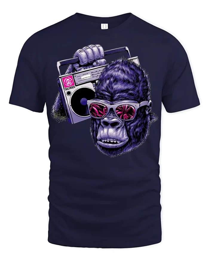 Retro Gorilla Boombox Graphic Tee Cool Music Ape T Shirt - navy t-shirt on white background