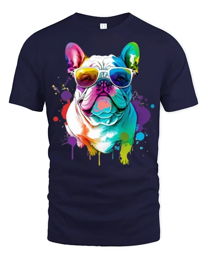 Color Splash French Bulldog Sunglasses Graphic Streetwear T Shirt - navy t-shirt on white background