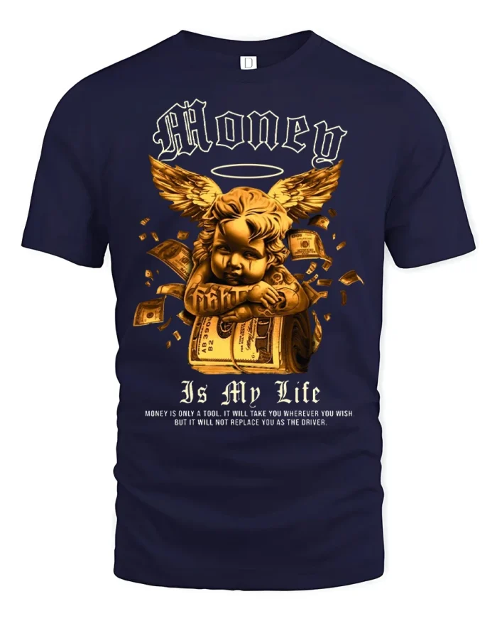 Money Is My Life Angel Cash Graphic Streetwear Premium T Shirt - navy t-shirt on white background
