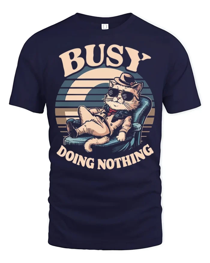 Busy Doing Nothing Lazy Cat Funny Vintage Graphic T Shirt - navy t-shirt on white background