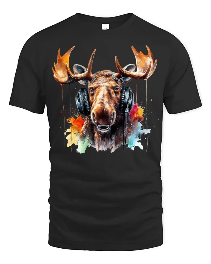 Cool Moose Headphones Color Splash Wildlife Graphic T Shirt - black t-shirt on white background