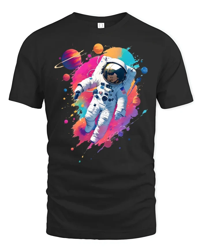 Color Splash Astronaut Graphic T Shirt Space Adventure Tee - black t-shirt on white background