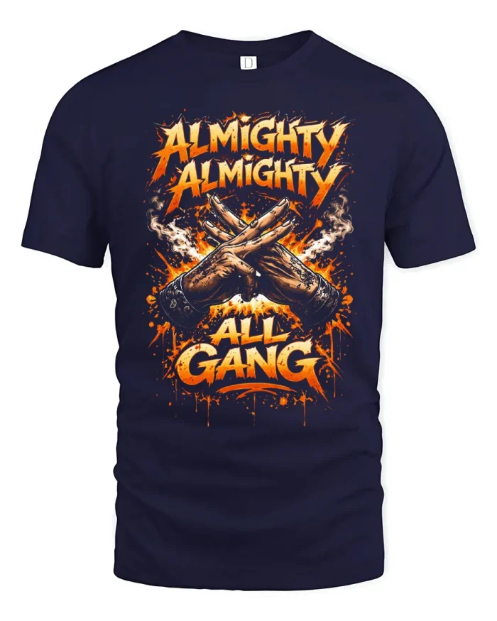 Almighty All Gang Graphic Tee Bold Street Style Tshirt - navy t-shirt on white background