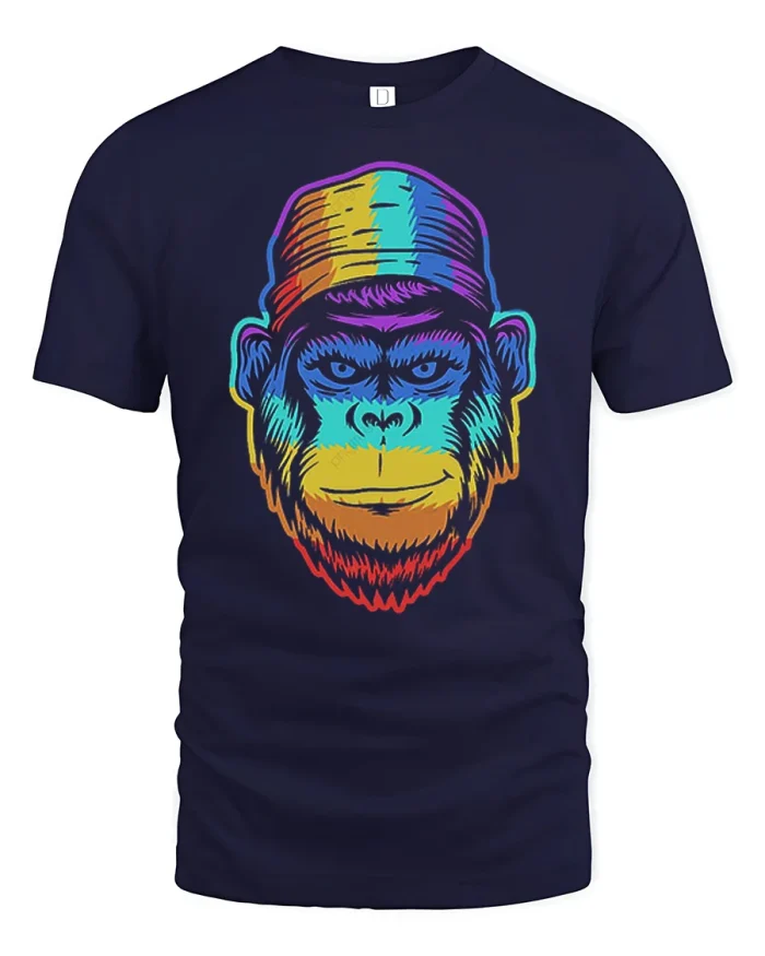 Colorful Monkey Face Graphic Tee Urban Street Style Tshirt - navy t-shirt on white background
