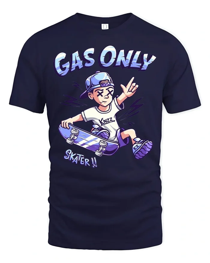 Gas Only Skater Cartoon Graphic T Shirt Funny Street Style Tee - navy t-shirt on white background
