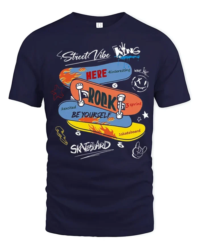 Street Vibe Skateboard Graphic Tee Urban Rock Style Casual Tshirt - navy t-shirt on white background
