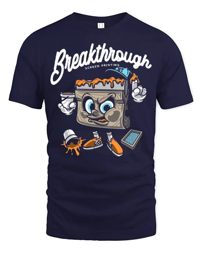 Breakthrough Screen Printing Graphic Tee Funny Cartoon Artist Tshirt - navy t-shirt on white background