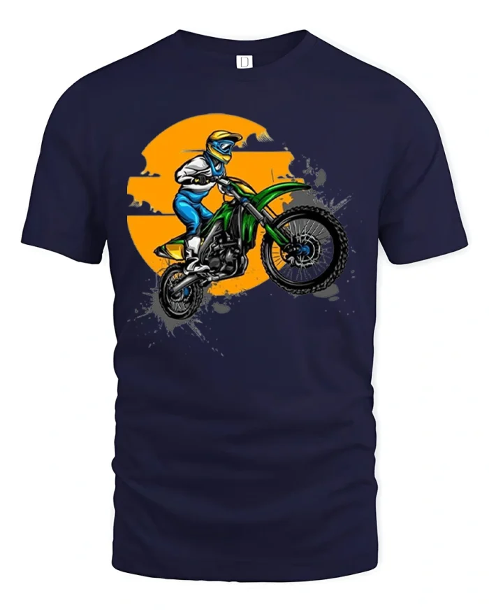 Motocross Sunset Jump Graphic Tee Dirt Bike Rider Cool Tshirt - navy t-shirt on white background
